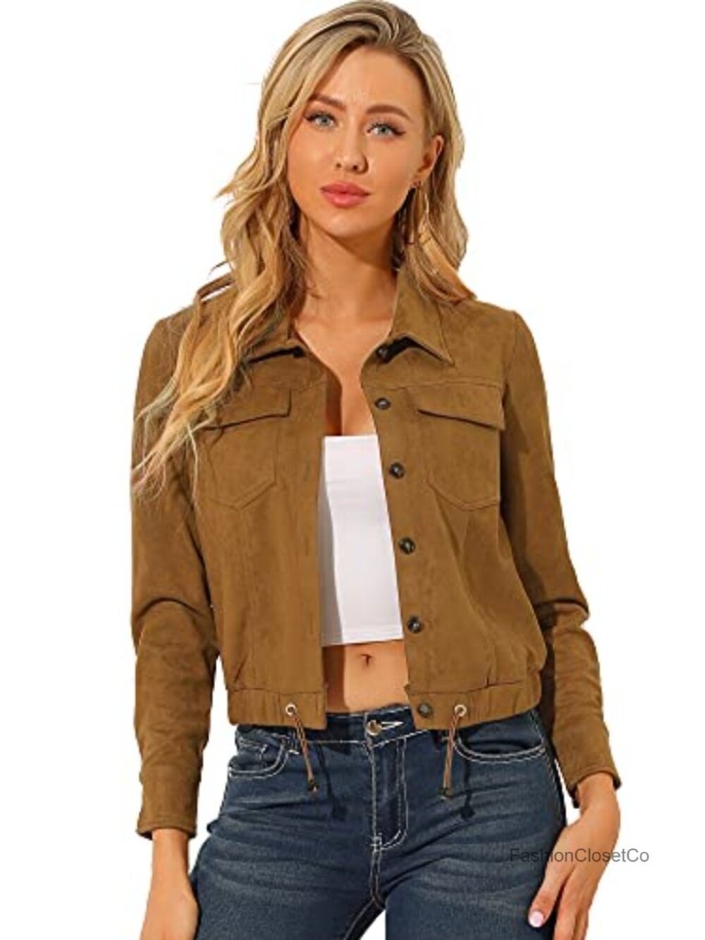 Faux Suede Moto Jacket Cropped Button Down Biker Coat Long Sleeve